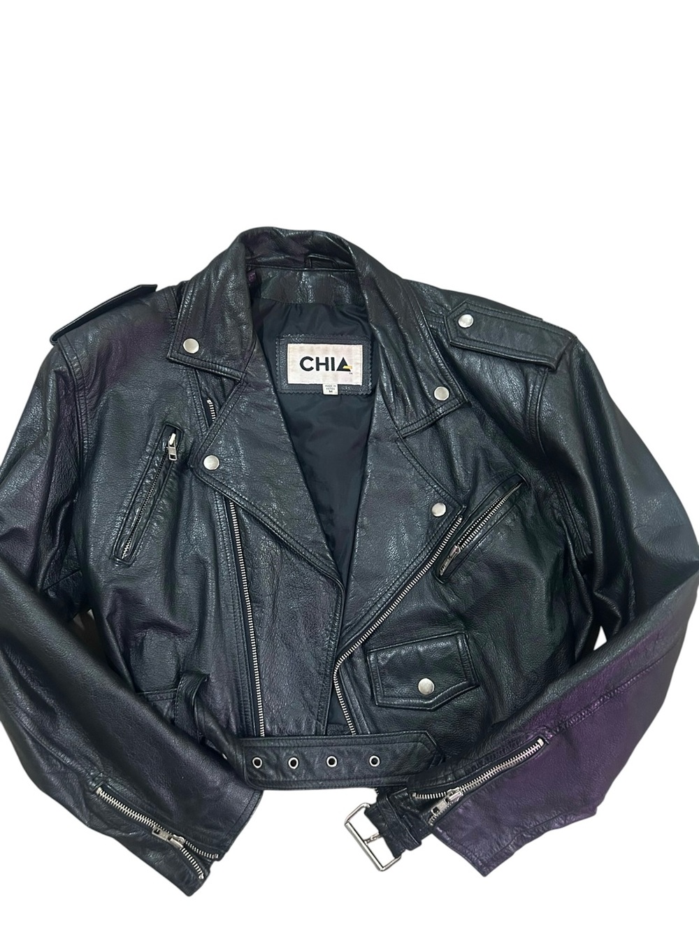 Vintage 80s CHIA Black Genuine Leather Moto Biker Jacket Sz M Korea